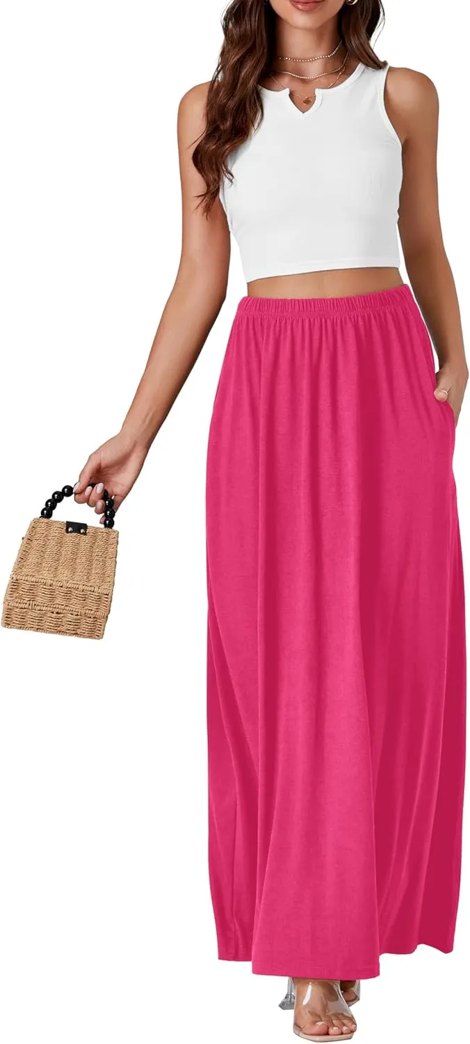 Vrtige Women's Casual Elastic High Waist Flowy Hem A Line Maxi Skirt with Pockets