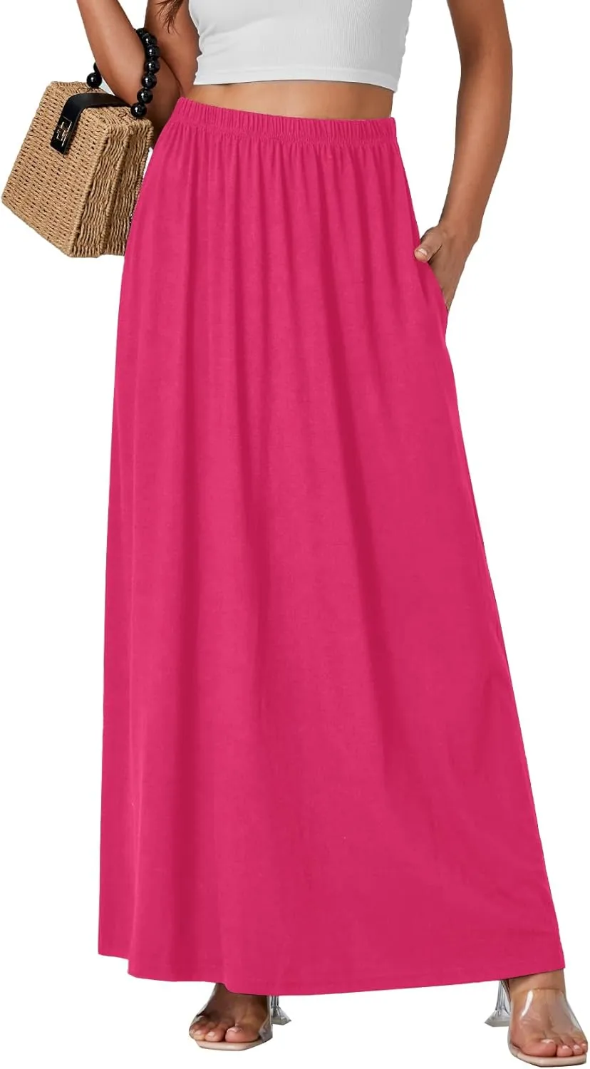 Vrtige Women's Casual Elastic High Waist Flowy Hem A Line Maxi Skirt with Pockets