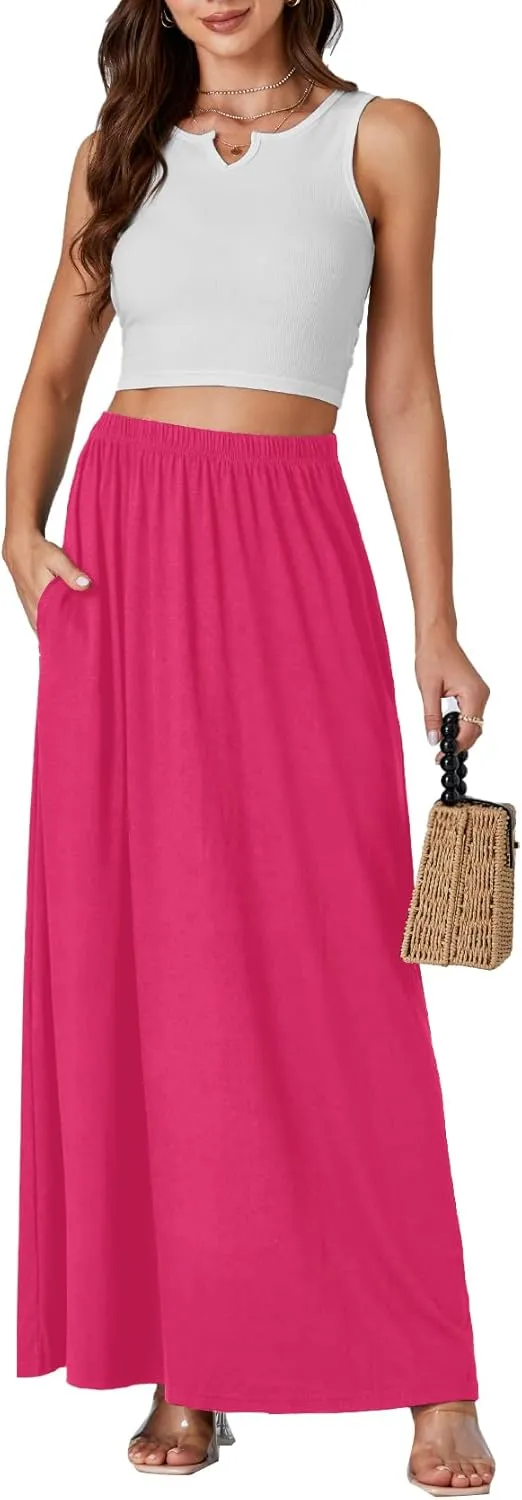 Vrtige Women's Casual Elastic High Waist Flowy Hem A Line Maxi Skirt with Pockets