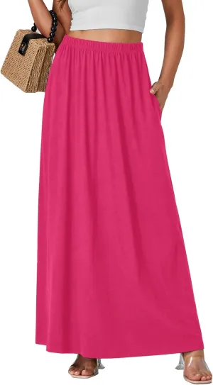 Vrtige Women's Casual Elastic High Waist Flowy Hem A Line Maxi Skirt with Pockets