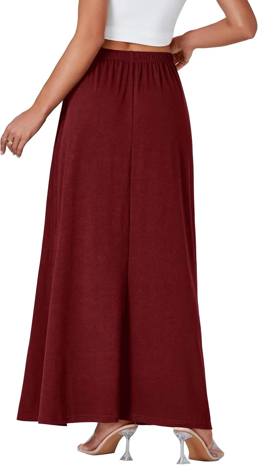Vrtige Women's Casual Elastic High Waist Flowy Hem A Line Maxi Skirt with Pockets