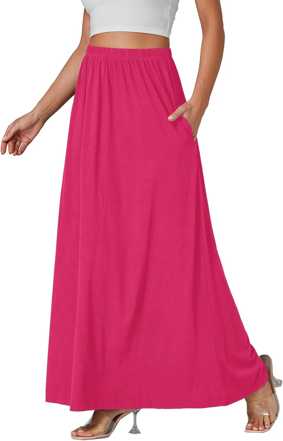Vrtige Women's Casual Elastic High Waist Flowy Hem A Line Maxi Skirt with Pockets