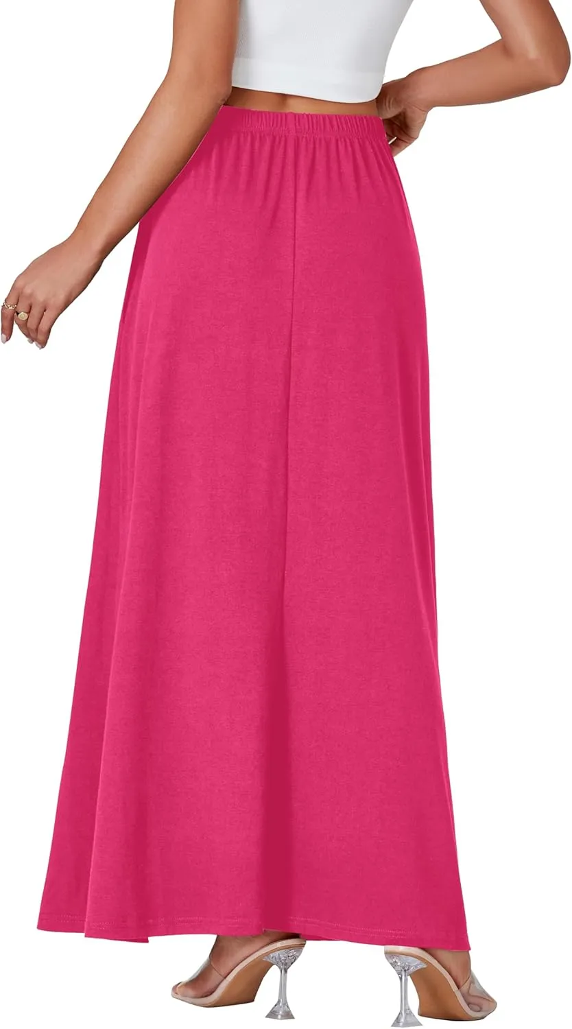 Vrtige Women's Casual Elastic High Waist Flowy Hem A Line Maxi Skirt with Pockets
