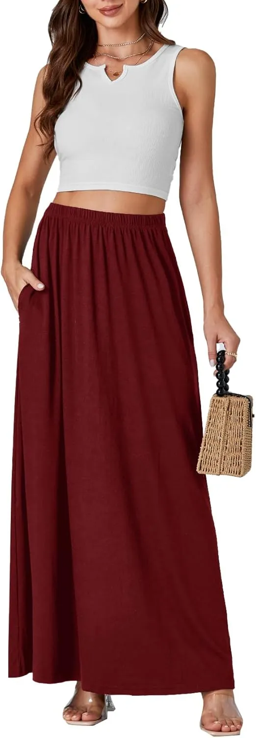 Vrtige Women's Casual Elastic High Waist Flowy Hem A Line Maxi Skirt with Pockets