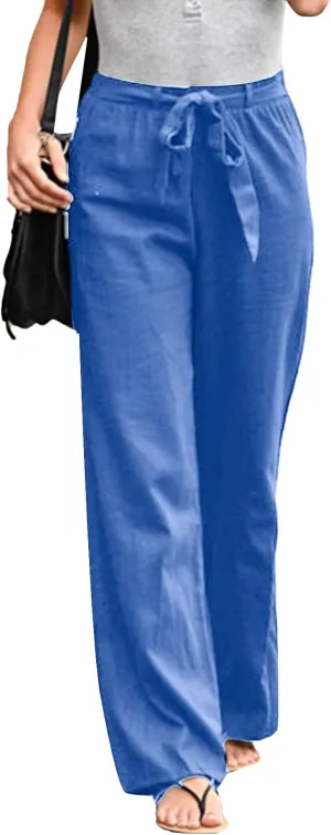 Vrtige Women's Drawstring Elastic High Waist Straight Leg Casual Pants Trousers