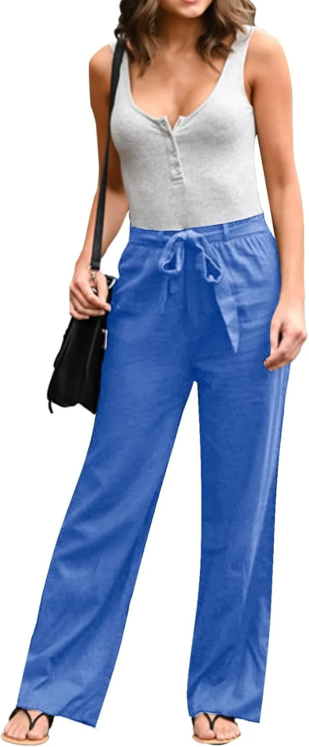 Vrtige Women's Drawstring Elastic High Waist Straight Leg Casual Pants Trousers