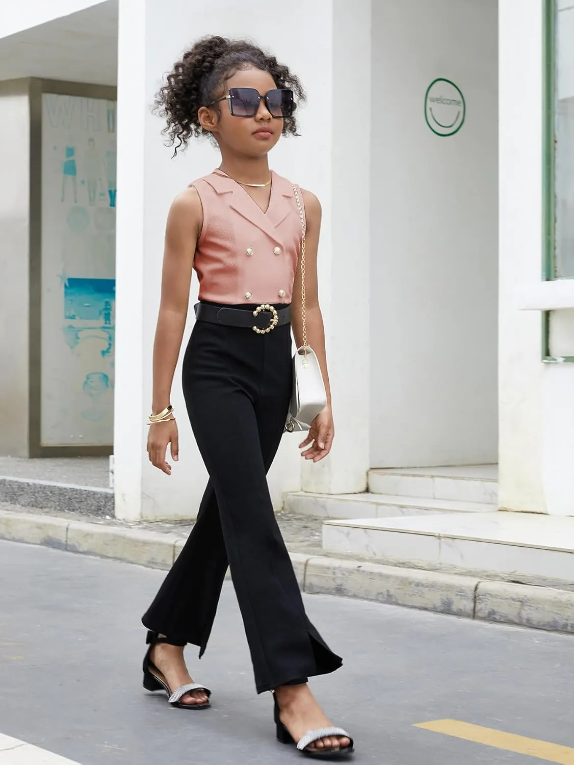 WDIRARA Girl's Color Block Lapel Neck Sleeveless Flare Leg Split Hem Elegant Jumpsuit