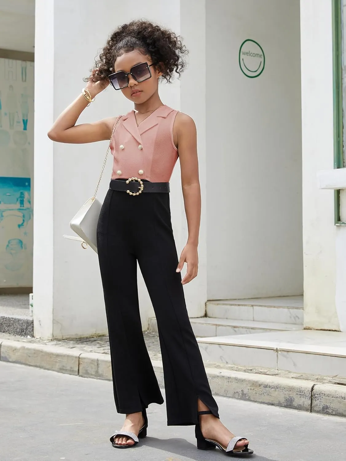 WDIRARA Girl's Color Block Lapel Neck Sleeveless Flare Leg Split Hem Elegant Jumpsuit
