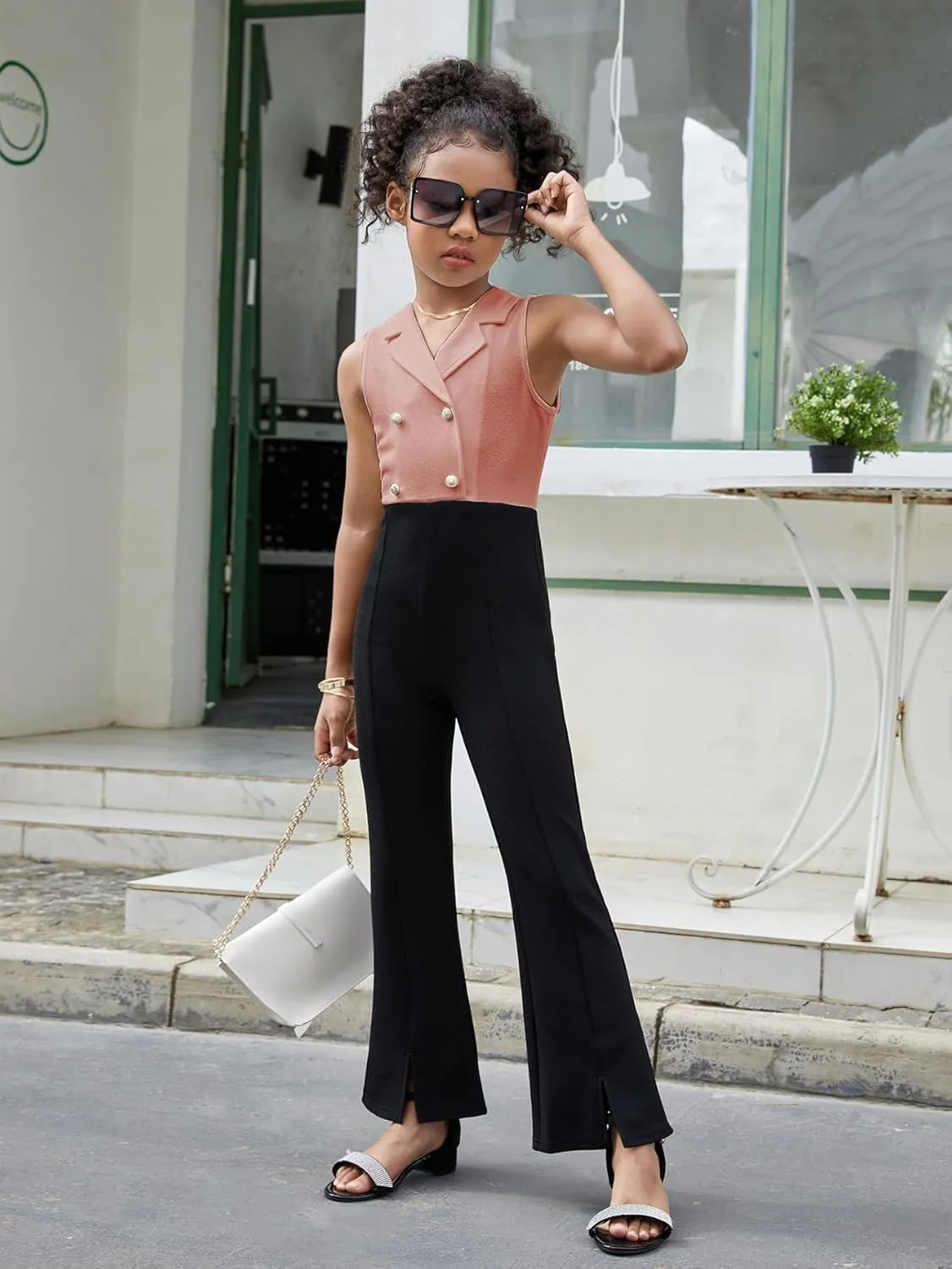 WDIRARA Girl's Color Block Lapel Neck Sleeveless Flare Leg Split Hem Elegant Jumpsuit