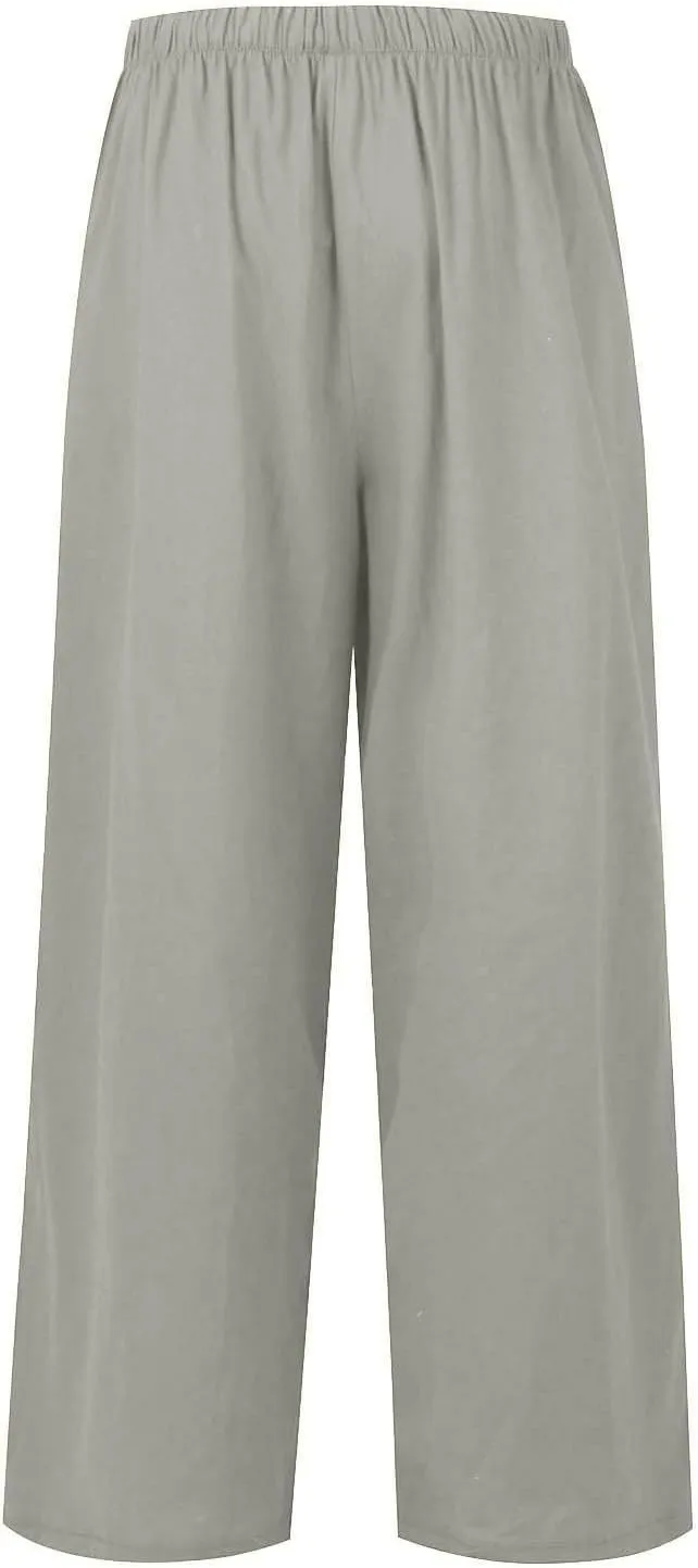 Wide Leg Linen Pants for Women Long Lightweight Drawstring Elastic Waist Palazzo Pants Casual Loose Flowy Beach Pants