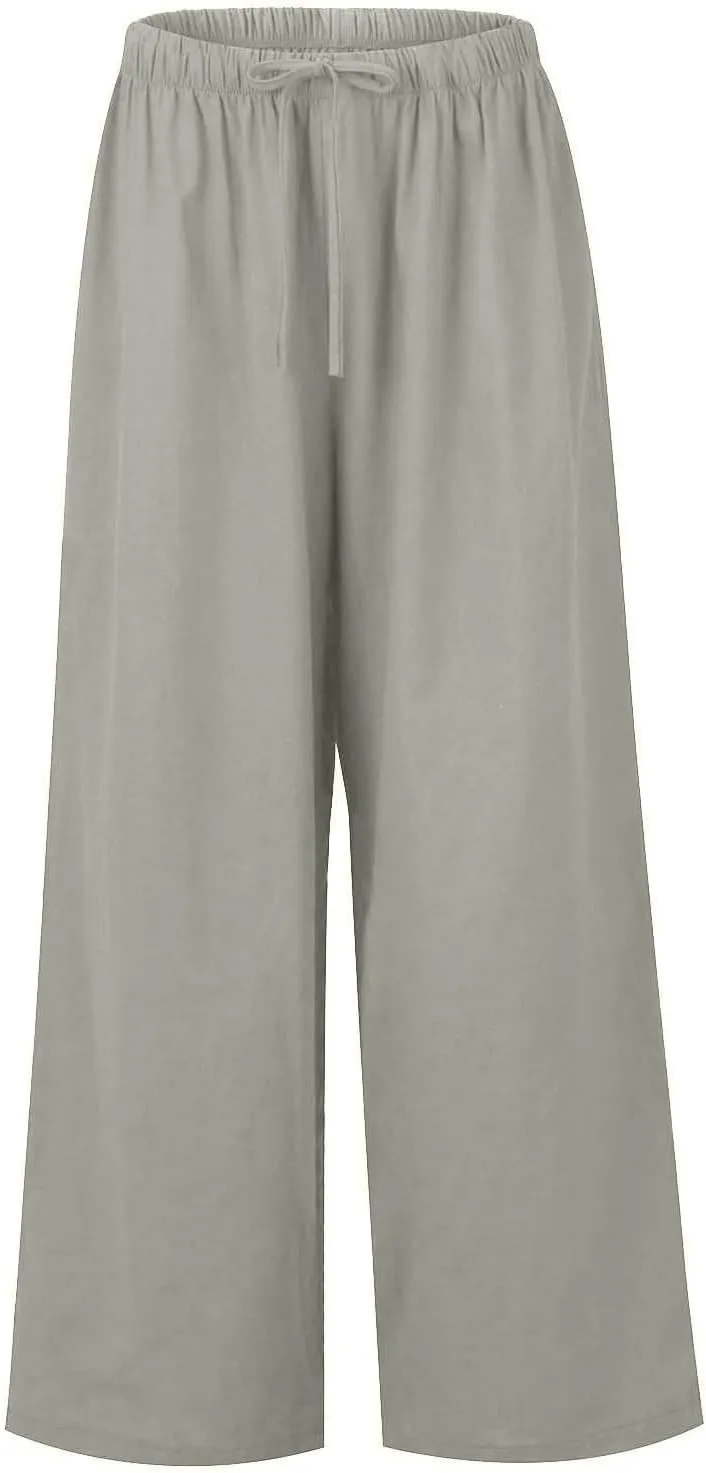 Wide Leg Linen Pants for Women Long Lightweight Drawstring Elastic Waist Palazzo Pants Casual Loose Flowy Beach Pants