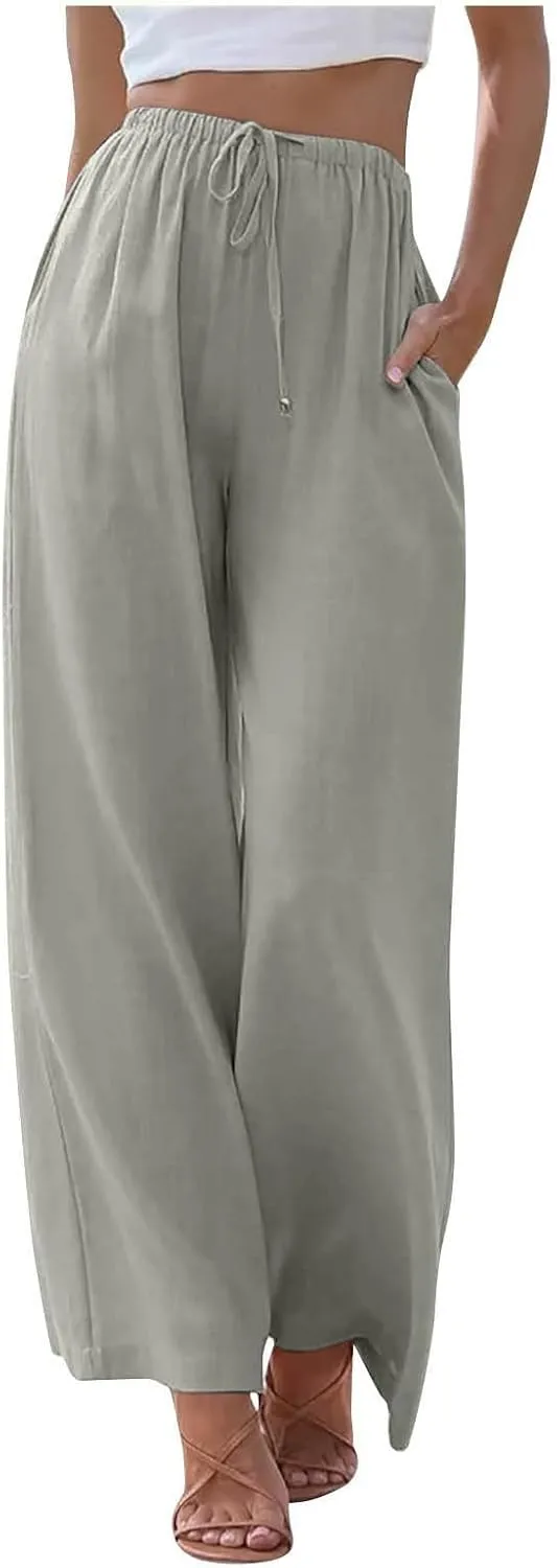 Wide Leg Linen Pants for Women Long Lightweight Drawstring Elastic Waist Palazzo Pants Casual Loose Flowy Beach Pants