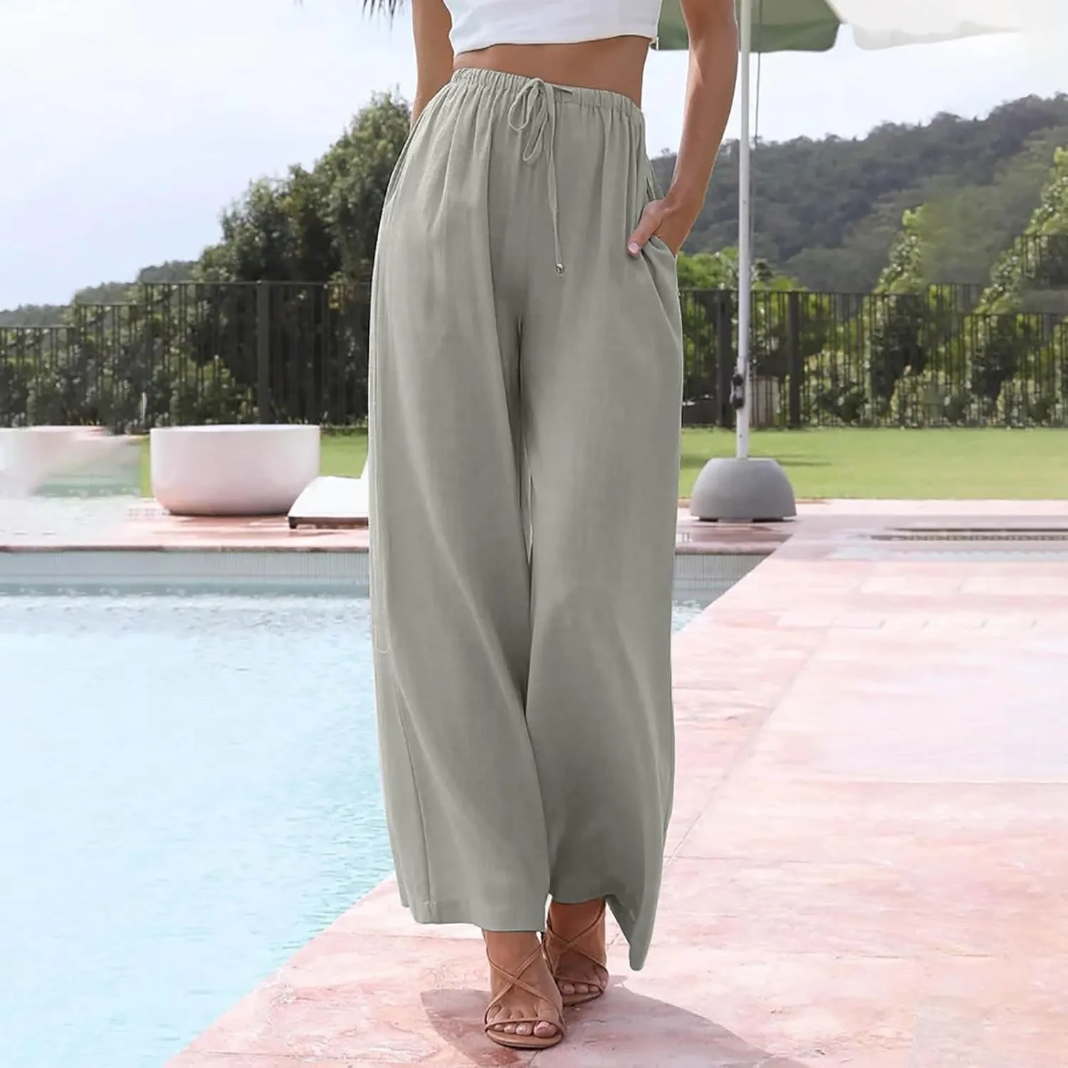 Wide Leg Linen Pants for Women Long Lightweight Drawstring Elastic Waist Palazzo Pants Casual Loose Flowy Beach Pants