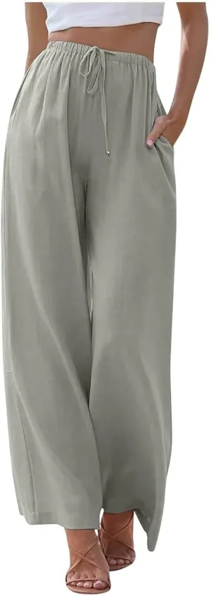 Wide Leg Linen Pants for Women Long Lightweight Drawstring Elastic Waist Palazzo Pants Casual Loose Flowy Beach Pants