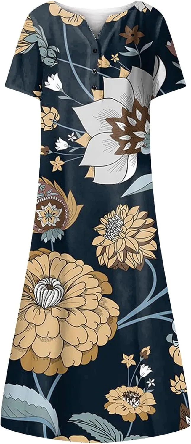 Women Casual Summer Stripe Button V Neck Sleeveless Pocket Holiday Dress Floral Sundress Midi Dress