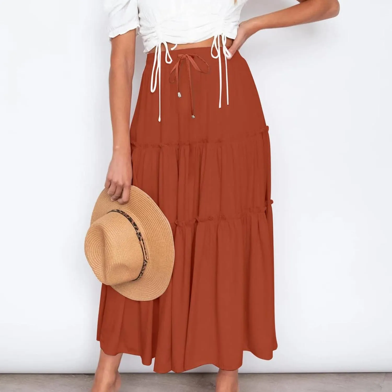 Women High Waist Midi Length Skirts A-Line Pleated Dressy Flowy Long Skirts Casual Ladies Business Skirts with Pockets