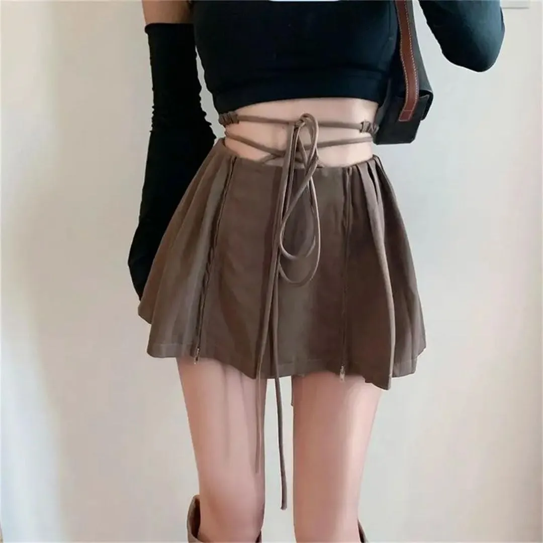 Women High Waist Mini Skirts Summer Solid Color Casual Pleated Skirt