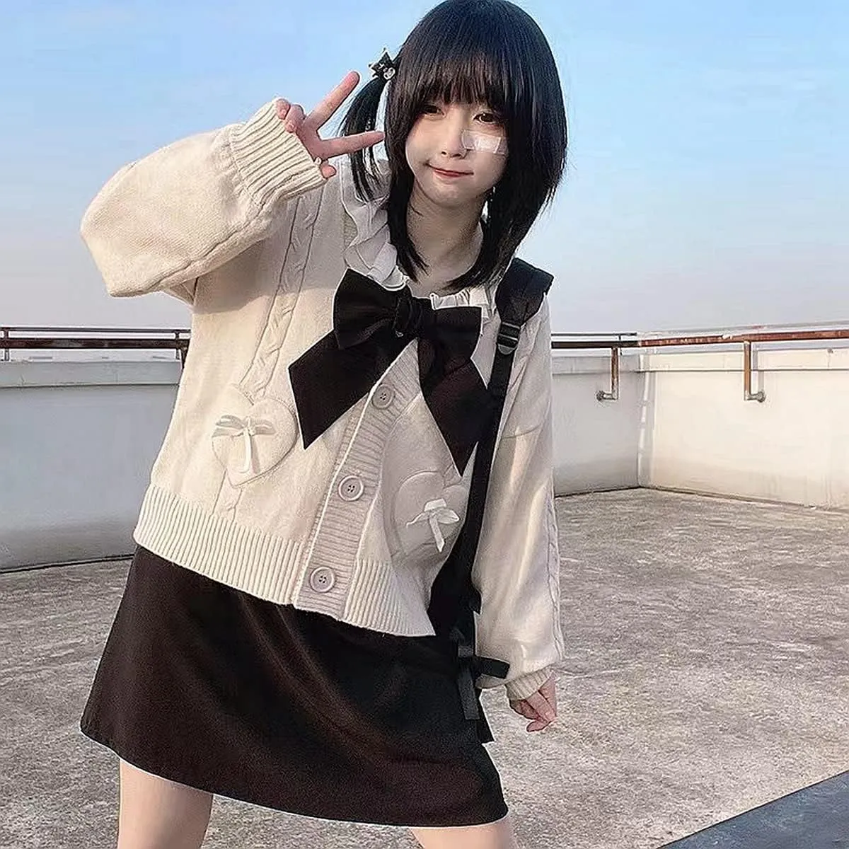 Women Kawaii Sweater Cardigan with Cute Bowknot and Heart S-2XL