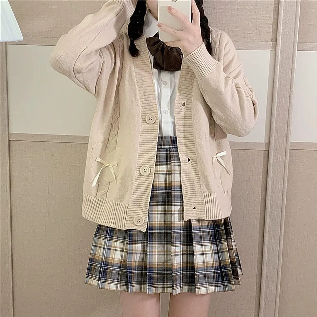 Women Kawaii Sweater Cardigan with Cute Bowknot and Heart S-2XL