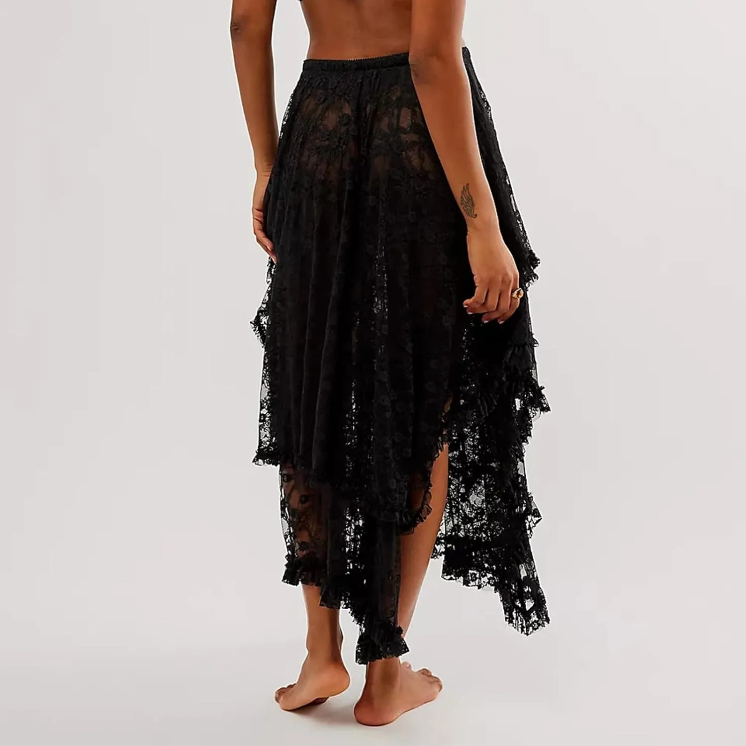 Women Lace Long Skirts Sexy See-Through Summer Elastic Asymmetrical Layered Hem Beach Floral Flowy Maxi Skirts