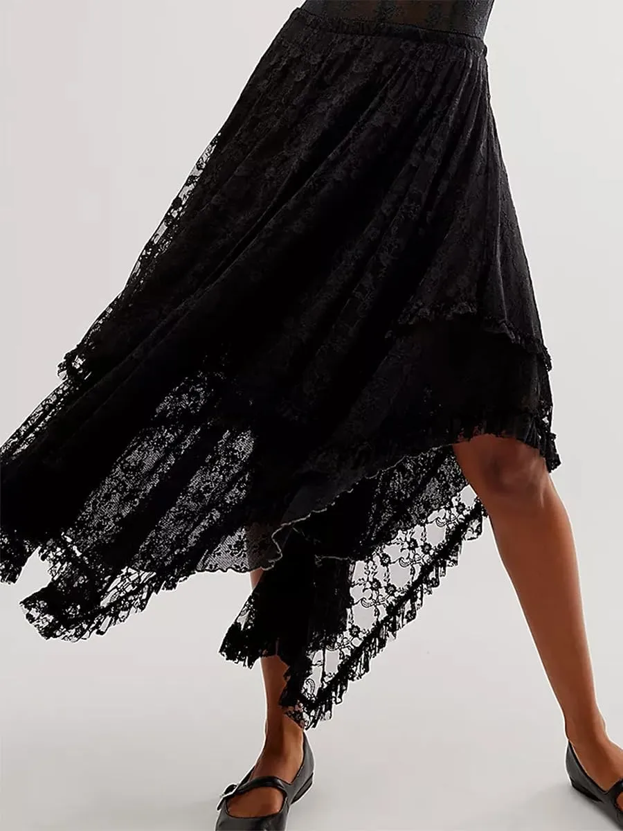 Women Lace Long Skirts Sexy See-Through Summer Elastic Asymmetrical Layered Hem Beach Floral Flowy Maxi Skirts