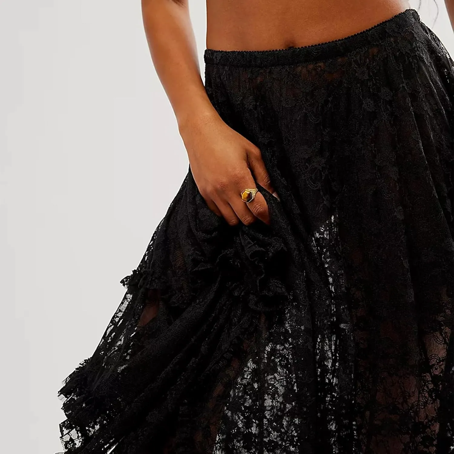 Women Lace Long Skirts Sexy See-Through Summer Elastic Asymmetrical Layered Hem Beach Floral Flowy Maxi Skirts