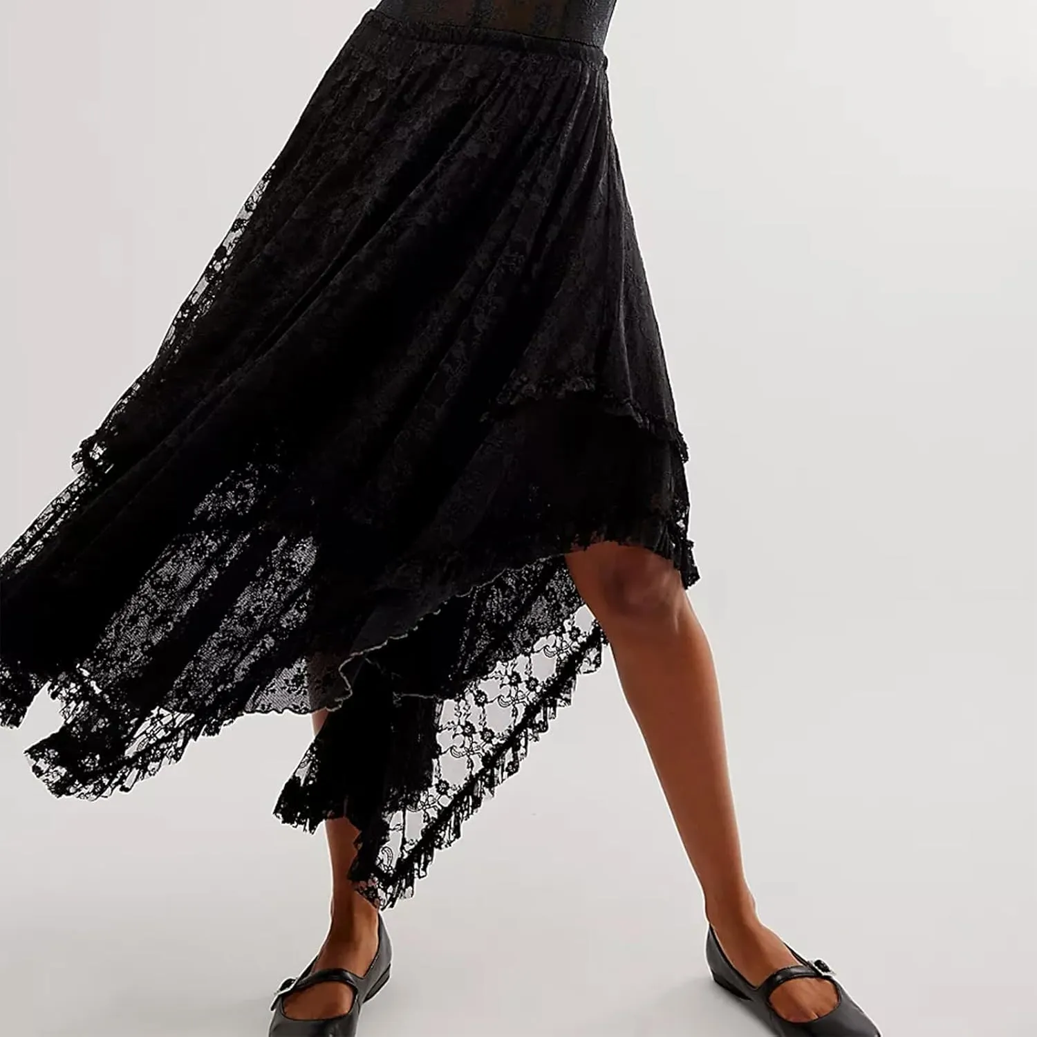 Women Lace Long Skirts Sexy See-Through Summer Elastic Asymmetrical Layered Hem Beach Floral Flowy Maxi Skirts