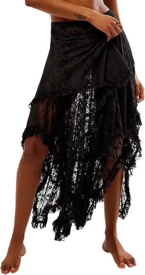 Women Lace Long Skirts Sexy See-Through Summer Elastic Asymmetrical Layered Hem Beach Floral Flowy Maxi Skirts