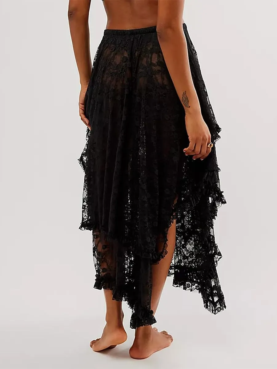 Women Lace Long Skirts Sexy See-Through Summer Elastic Asymmetrical Layered Hem Beach Floral Flowy Maxi Skirts