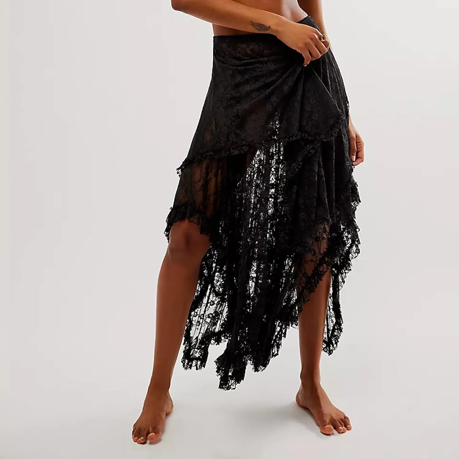 Women Lace Long Skirts Sexy See-Through Summer Elastic Asymmetrical Layered Hem Beach Floral Flowy Maxi Skirts