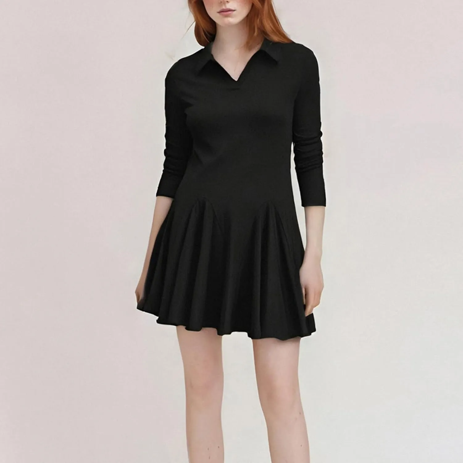 Women Lapel Collared V Neck Sweatshirt Dress Long Sleeve Loose Fit Solid Color Ruffle Mini Dresses Casual Short Dress