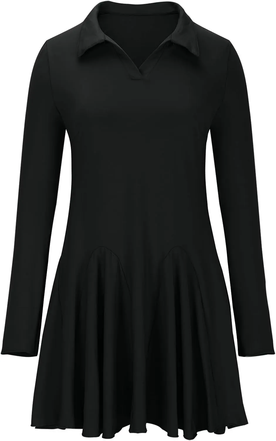Women Lapel Collared V Neck Sweatshirt Dress Long Sleeve Loose Fit Solid Color Ruffle Mini Dresses Casual Short Dress