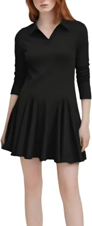 Women Lapel Collared V Neck Sweatshirt Dress Long Sleeve Loose Fit Solid Color Ruffle Mini Dresses Casual Short Dress