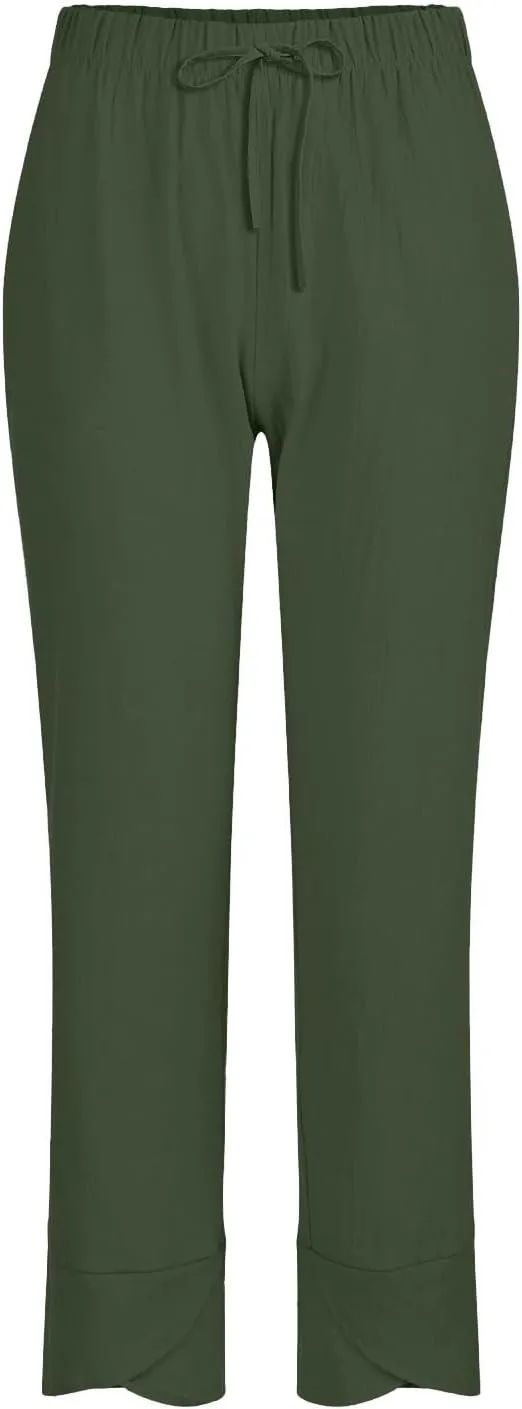 Women Linen Pants 2025 Summer Casual Capri Pants Plus Size Lightweight High Waist Baggy Palazzo Trousers with Pockets