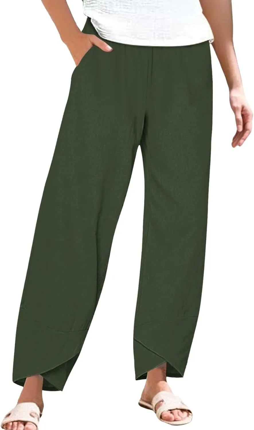 Women Linen Pants 2025 Summer Casual Capri Pants Plus Size Lightweight High Waist Baggy Palazzo Trousers with Pockets