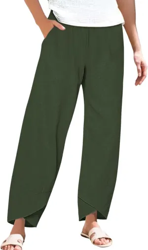 Women Linen Pants 2025 Summer Casual Capri Pants Plus Size Lightweight High Waist Baggy Palazzo Trousers with Pockets