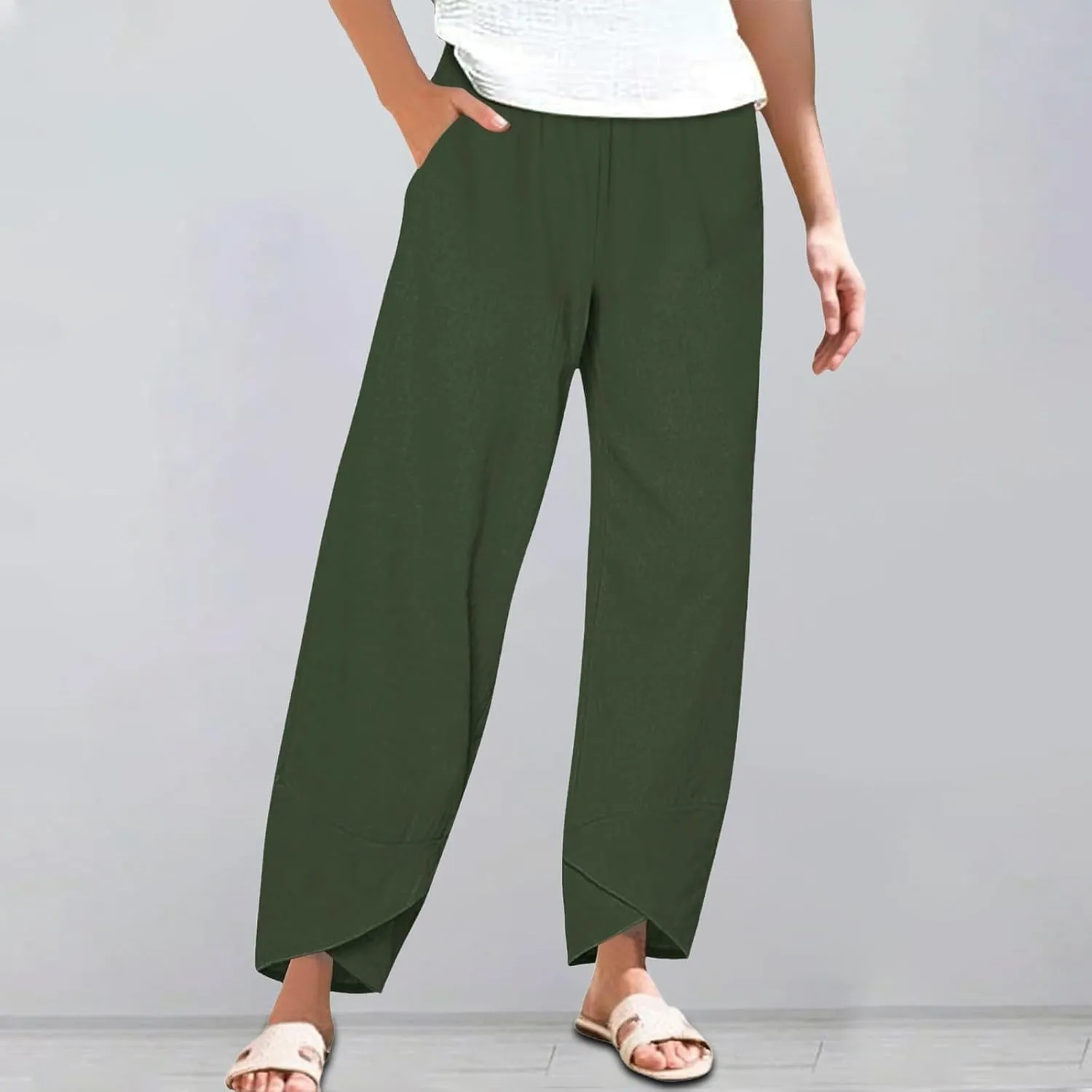 Women Linen Pants 2025 Summer Casual Capri Pants Plus Size Lightweight High Waist Baggy Palazzo Trousers with Pockets