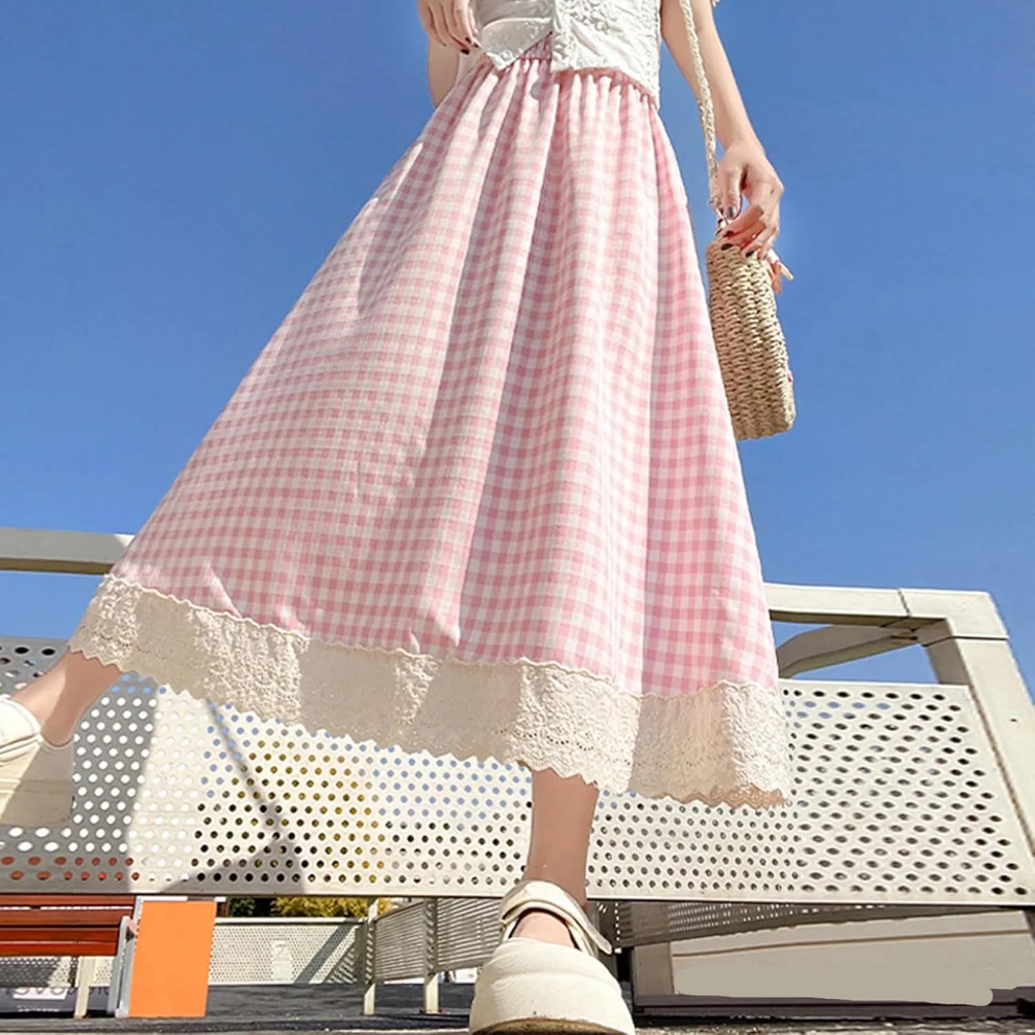 Women Plaid A-Line Swing Maxi Skirt Elastic High Waist Lace Eyelet Cute Long Skirts Summer Gingham Ruffle Skirt