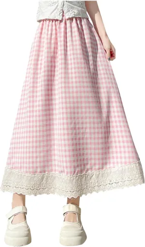 Women Plaid A-Line Swing Maxi Skirt Elastic High Waist Lace Eyelet Cute Long Skirts Summer Gingham Ruffle Skirt