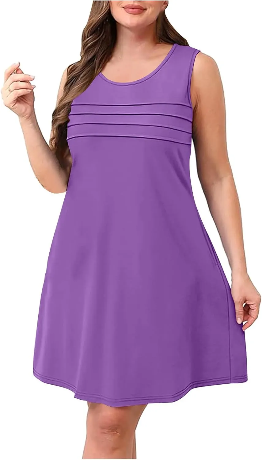 Women Pleated Front Tank Dresses with Pockets Spring Summer Sleeveless Sundress Casual Loose Fit Crewneck Tunic Dress