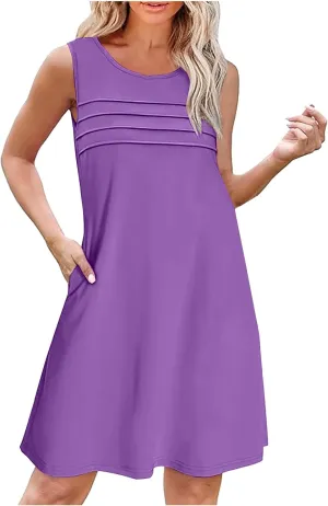 Women Pleated Front Tank Dresses with Pockets Spring Summer Sleeveless Sundress Casual Loose Fit Crewneck Tunic Dress