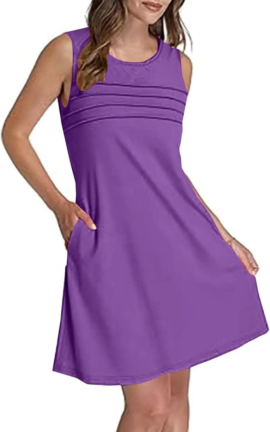 Women Pleated Front Tank Dresses with Pockets Spring Summer Sleeveless Sundress Casual Loose Fit Crewneck Tunic Dress