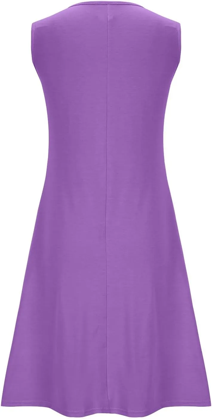 Women Pleated Front Tank Dresses with Pockets Spring Summer Sleeveless Sundress Casual Loose Fit Crewneck Tunic Dress