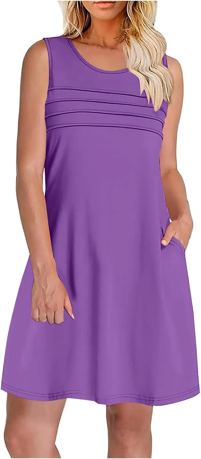 Women Pleated Front Tank Dresses with Pockets Spring Summer Sleeveless Sundress Casual Loose Fit Crewneck Tunic Dress
