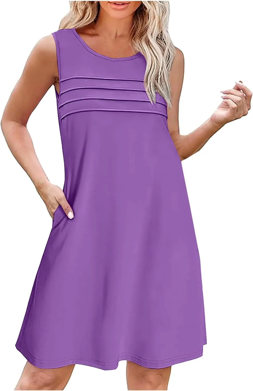 Women Pleated Front Tank Dresses with Pockets Spring Summer Sleeveless Sundress Casual Loose Fit Crewneck Tunic Dress