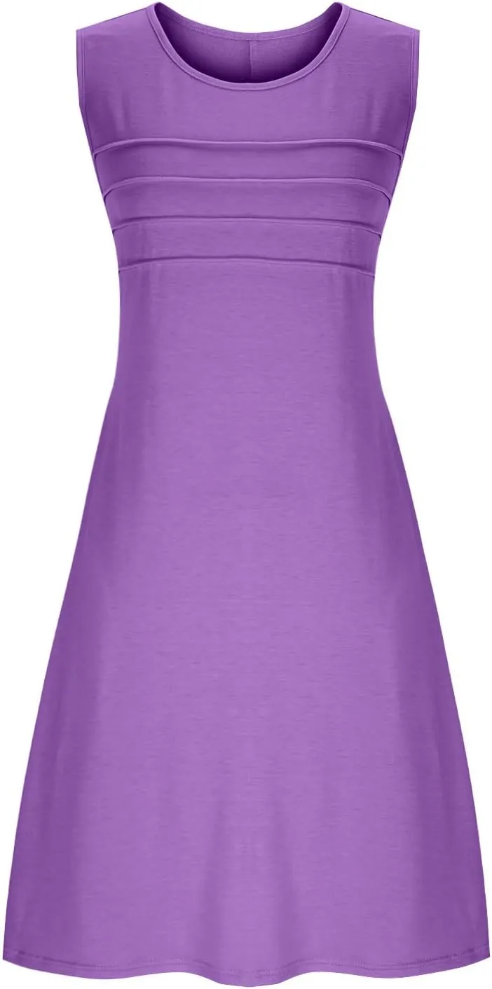Women Pleated Front Tank Dresses with Pockets Spring Summer Sleeveless Sundress Casual Loose Fit Crewneck Tunic Dress