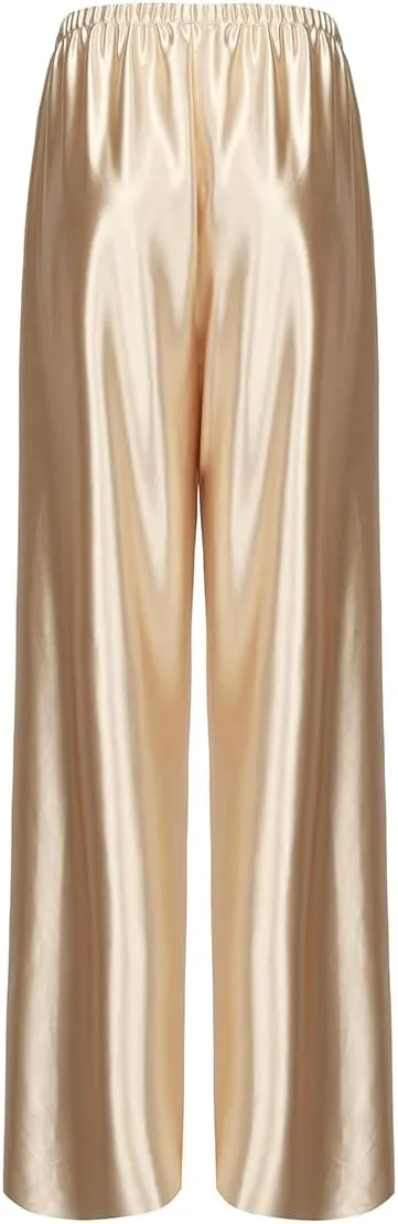 Women Satin Wide Leg Dress Pants Silk Casual Dressy Long Flowy Pants Elastic High Waisted Trousers