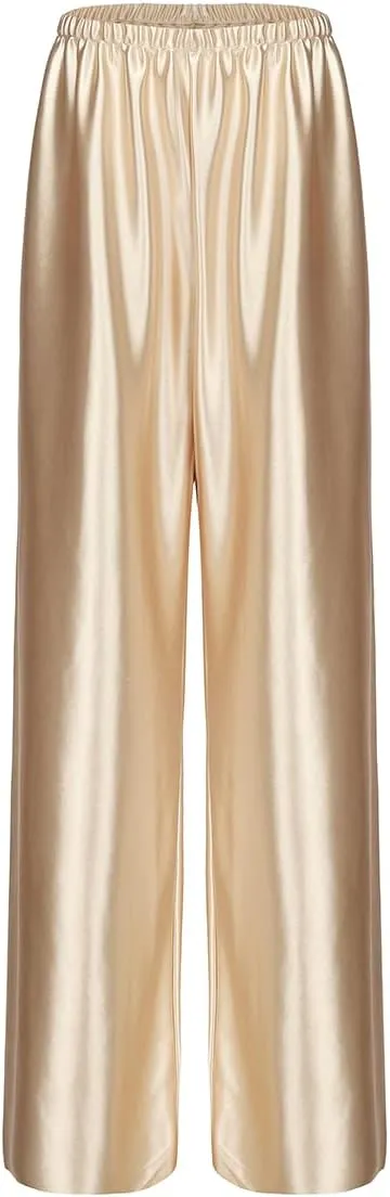 Women Satin Wide Leg Dress Pants Silk Casual Dressy Long Flowy Pants Elastic High Waisted Trousers
