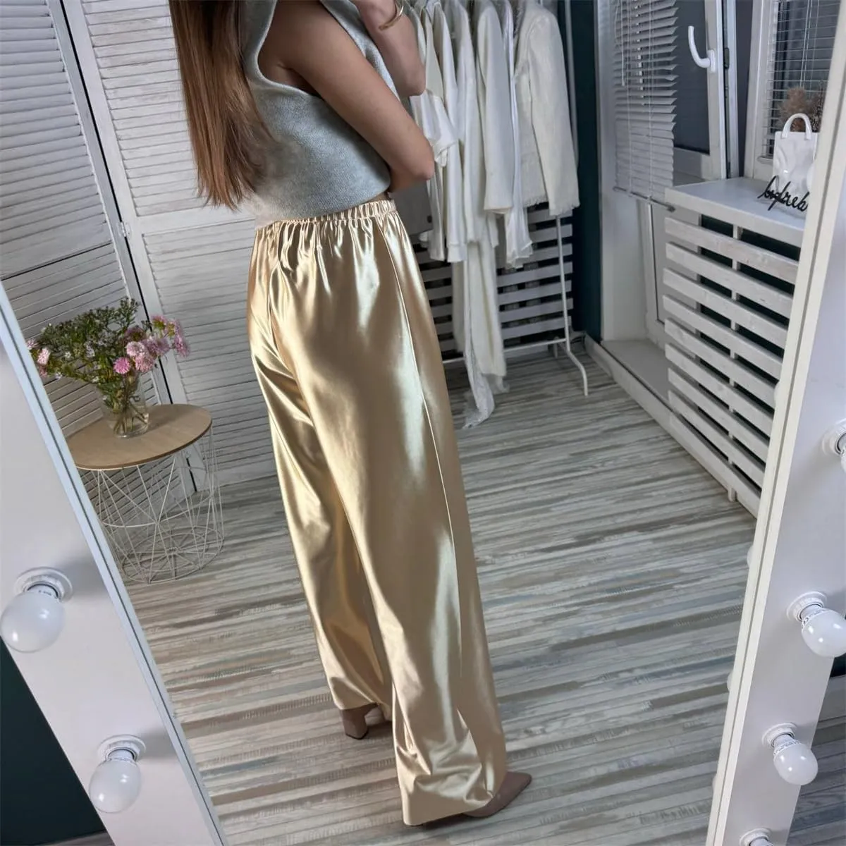 Women Satin Wide Leg Dress Pants Silk Casual Dressy Long Flowy Pants Elastic High Waisted Trousers