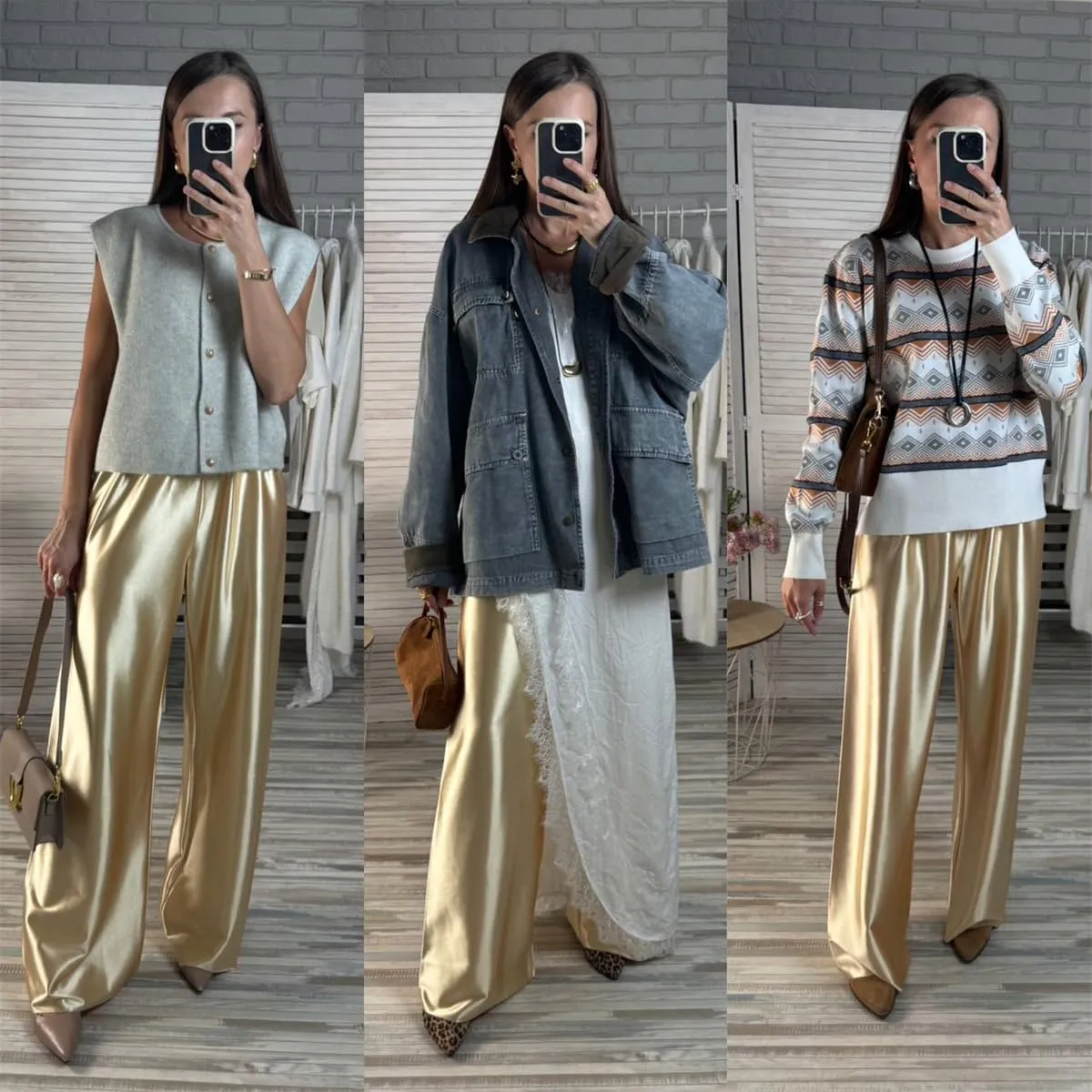 Women Satin Wide Leg Dress Pants Silk Casual Dressy Long Flowy Pants Elastic High Waisted Trousers